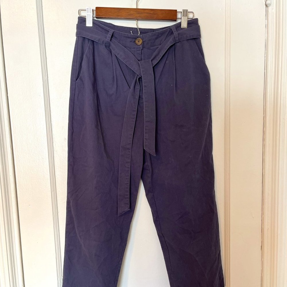 Belted High Rise Trousers, Straight-Leg, Navy Blue, US M